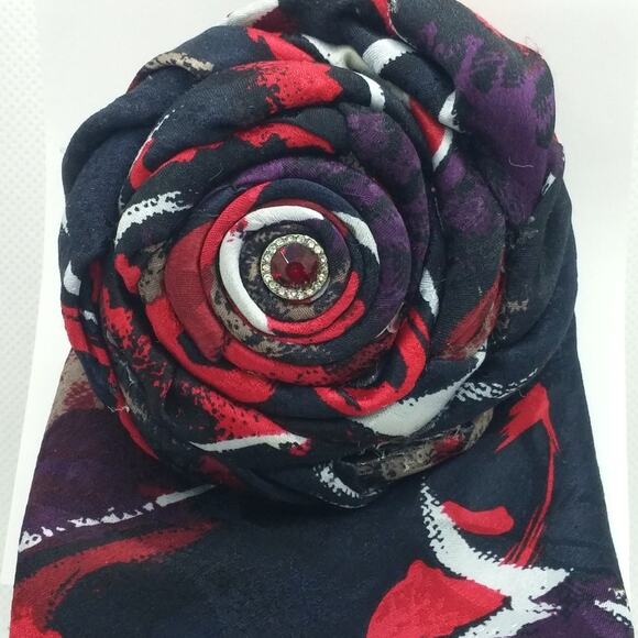 Artisan Black Silk Tie Brooch Pin Chemin de Fer Upcycled Floral Vintage Red Bead - Picture 6 of 11